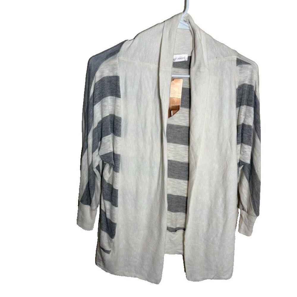 Love Notes Sweater Women's Medium Gray Striped Knit Cardigan Open NWT